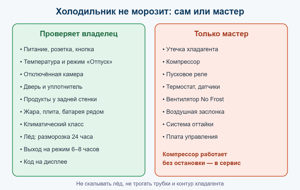 Что проверяет владелец и что ремонтирует мастер, если холодильник не морозит