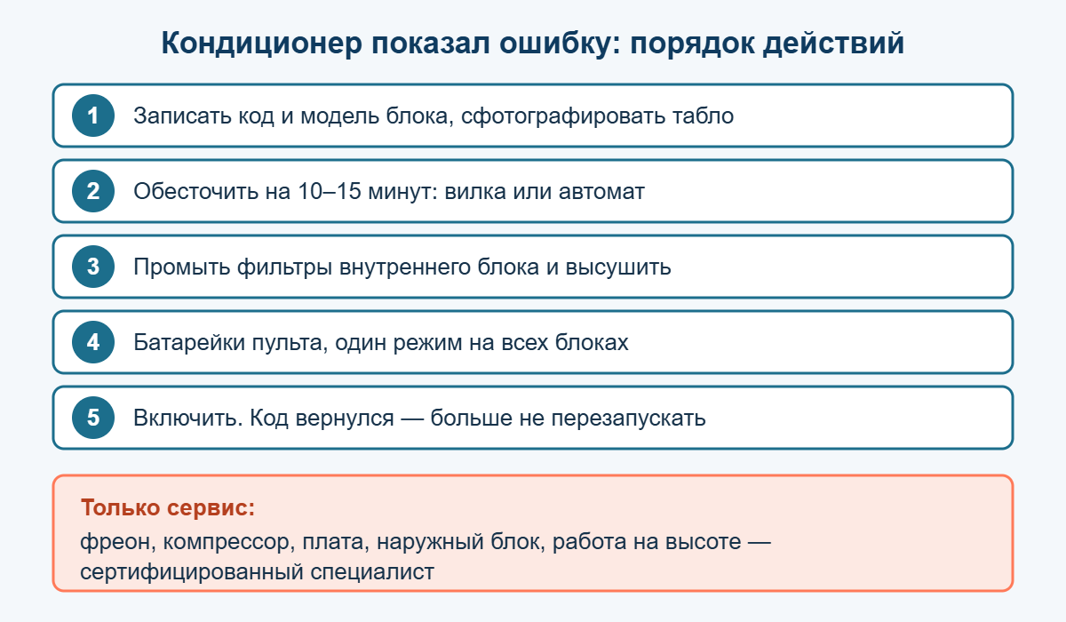 Порядок действий при ошибке кондиционера: записать код, обесточить, почистить фильтры, перезапустить, вызвать сервис