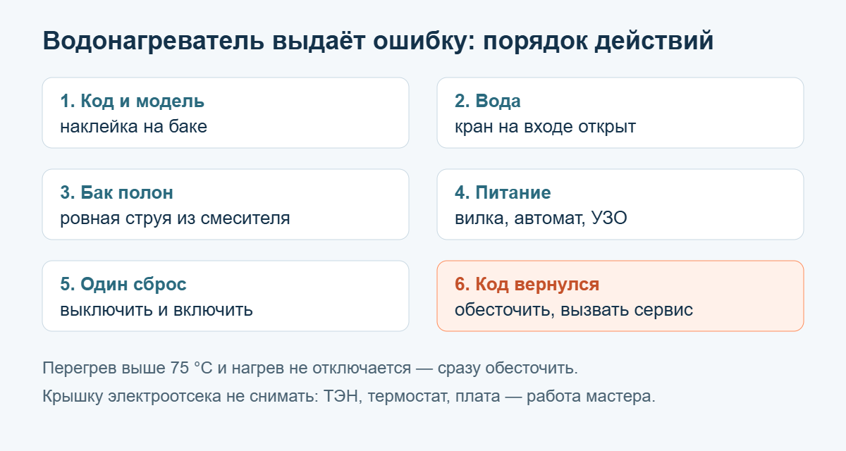Порядок действий при ошибке водонагревателя: код, вода, бак, питание, сброс, сервис