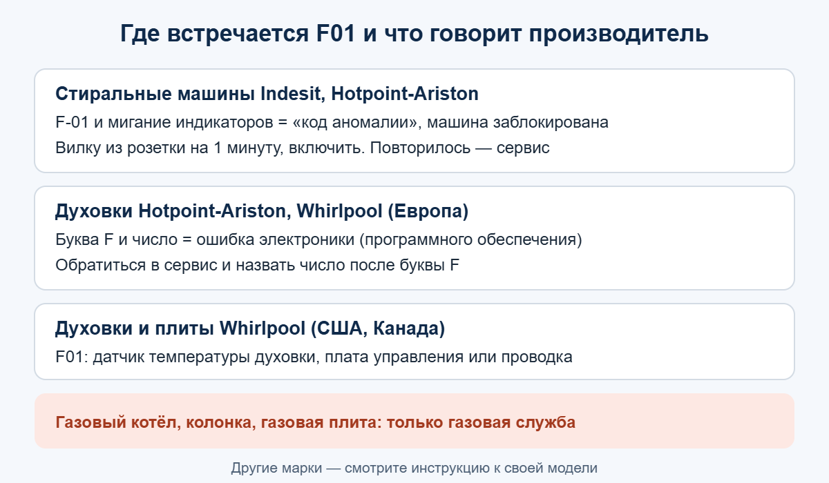 Где встречается код F01: стиральные машины Indesit и Hotpoint-Ariston, духовки Hotpoint-Ariston и Whirlpool, газовые приборы
