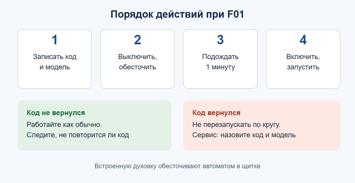 Порядок действий при ошибке F01: записать код, обесточить на 1 минуту, включить, при повторе — сервис