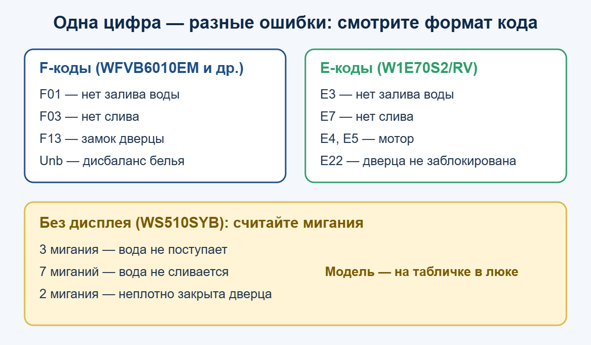 Сравнение F-кодов и E-кодов Gorenje и индикации миганием на машинах без дисплея