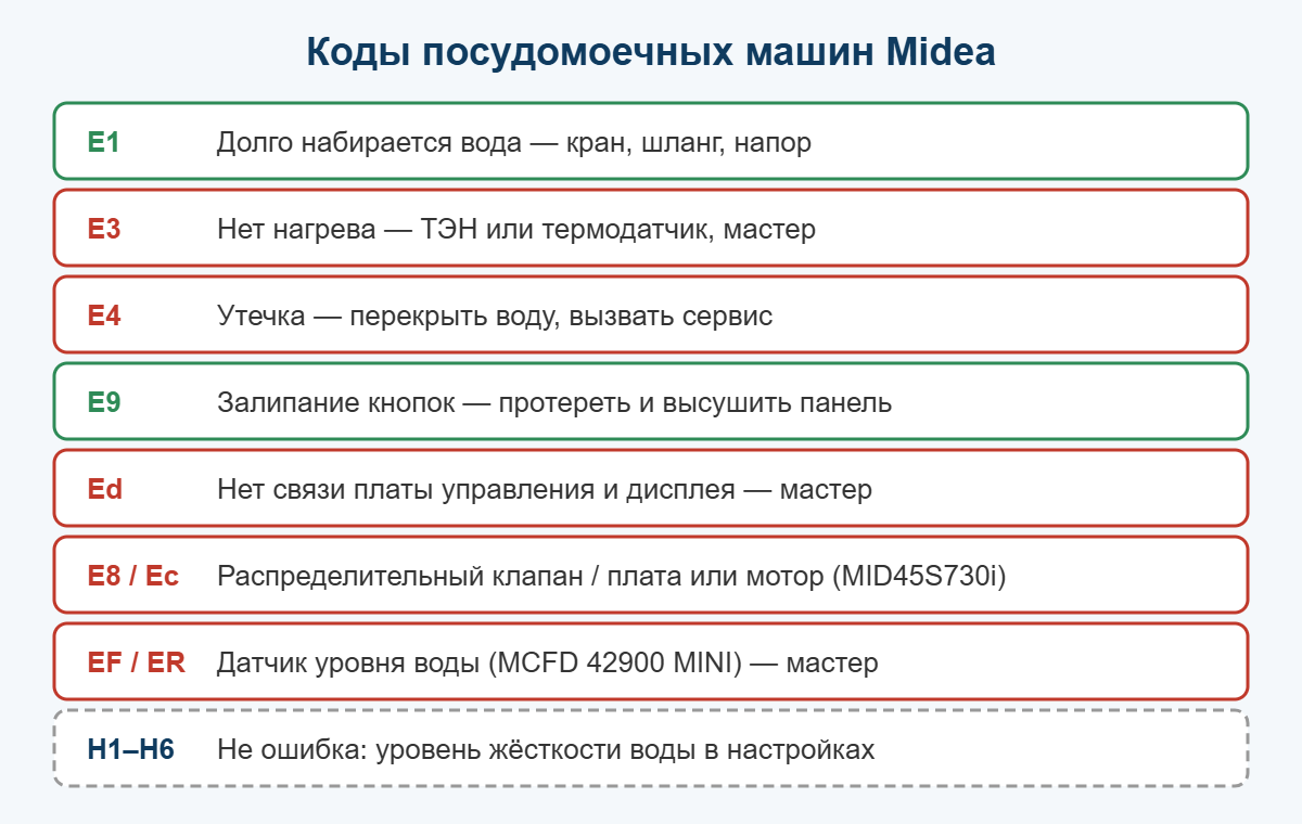 Шпаргалка: коды ошибок посудомоечных машин Midea E1, E3, E4, E9, Ed, E8, Ec, EF, ER и H1–H6