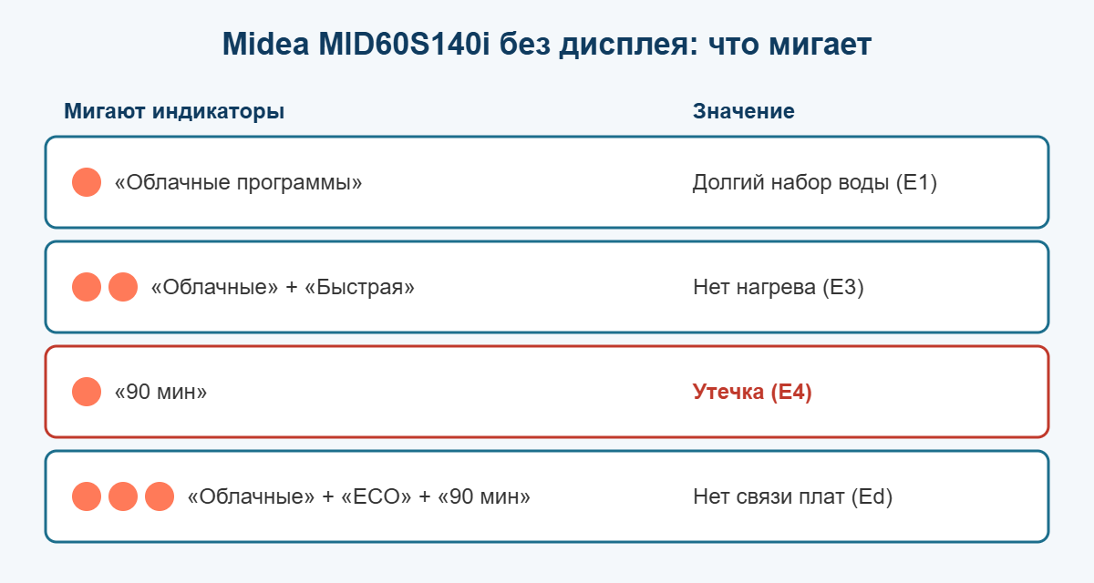 Какие индикаторы мигают при ошибках у посудомоечной машины Midea MID60S140i без дисплея