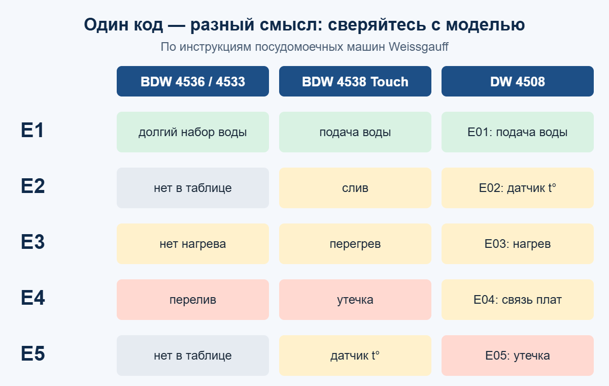Сравнение значений кодов E1–E5 у посудомоечных машин Weissgauff BDW 4536, BDW 4538 Touch и DW 4508